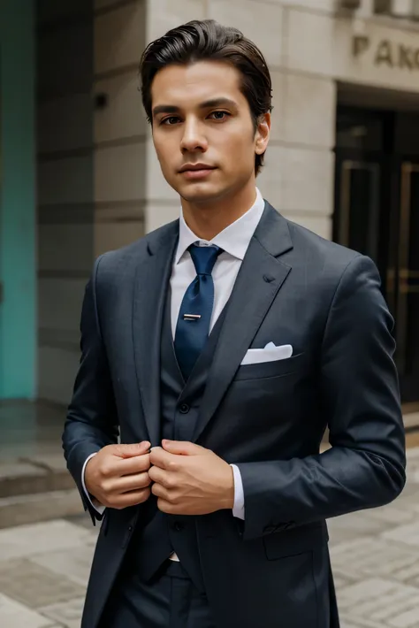 Para este segmento, el reportero lleva un traje formal pero moderno, with a touch of sophistication. Puede usar un traje entallado en tonos oscuros, como negro, gris o azul marino, combinado con una camisa blanca o de color claro. Puede optar por accesorio...