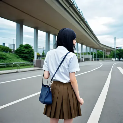 -Blues, 1 girl, alone, outdoor, cloud, null, skirt, , shoes下, scenery, white shoes下, sign, Grass, shoes, bag, Are standing, serafuku, , from behind, shirt, cloudy null, road sign, signature, coat, wide shot, sunset, white shirt, telephone pole, black skirt...