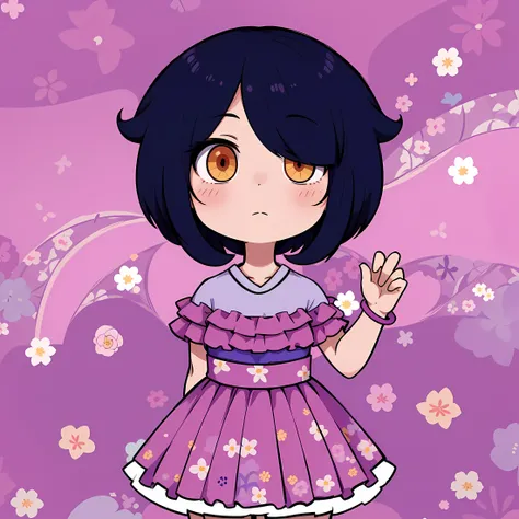 cartoon girl in a dress with a background of flowers, inspirado en Takehisa Yumeji,  en vestido, chibi, , omori, vestida con un vestido de flores, inspirado en Un&#39;ichi Hiratsuka, fubuki, inspirado en puru, fanart oficial, inspirado en Yuki Ogura, anime...