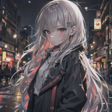 (masterpiece,best quality,ultra-detailed), CG, award winning, ccurate, UHD, textured skin, chromatic aberration, Fujicolor, 1 young girl getting angry on the street at night, teen, slender body, red eyes, long white hair, wearing a black over coat, turning...