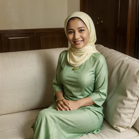 A mother from Bali smiles during Eid wearing a green dress wearing a matching cream colored hijab and sitting on the sofa elegantly