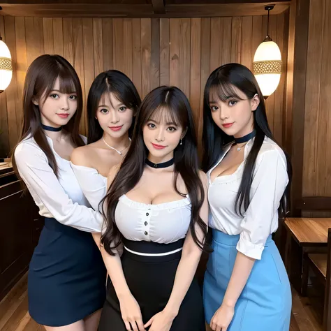 ((highest quality, 8K, Representative works in detail, ultra high resolution)), (Group photo), (looking at the viewer), (middle shot), Five attractive business women, ((big breasts)), white collared shirt, skirt, smile, ((black choker)), slim body shape, b...