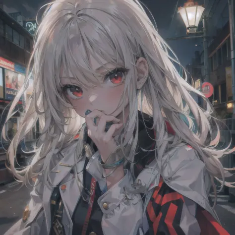 (masterpiece,best quality,ultra-detailed), CG, award winning, ccurate, UHD, textured skin, chromatic aberration, Fujicolor, 1 young girl getting angry on the street at night, teen, slender body, red eyes, long white hair, wearing a black over coat, turning...