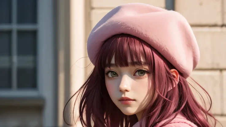 Fake animal ears with soft pink tips sat atop a head adorned with bangs that cascaded down to frame a face with a faint smile. Red ear accents peeked out from beneath the wispy bangs, adding playful depth to the composition. In the distance, a figure donne...