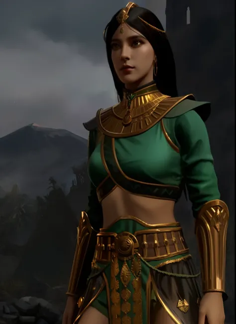 Close-up of person in green clothes standing in front of castle, female earth mage, warrior costume, female character, female egyptian noblewoman, Ferred - themed gowns and hats, Scaled Robes, egyptian wizard, fancy attire, female protagonist character, Fl...