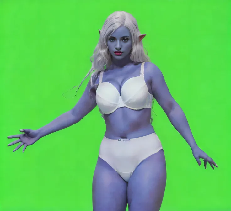 ((((masterpiece, best quality)))), ((34 year old)), (((Curvy))), ((Blue skinned Dark Elven woman with long white hair)), in ((white bra)), ((((white high cut panties)))), (((standing in front of a green screen))), purple lipstick, (((photo realistic)))