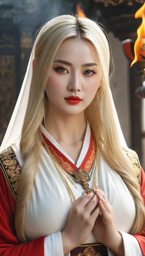 (((hyper real)))、(((30 year old white female monk in ancient Europe)))、(((beautiful female priest)))　Mature middle-aged woman、((big big tits)) 、Fine skin texture、beautiful plump middle-aged woman、(Fine green eyes)、Blonde fluffy long hair、{(ancient ornate a...