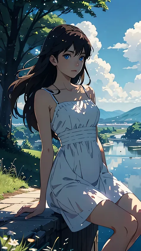 an extremely delicate and beautiful girl, detailed face depiction, long brown hair, blue eyes, white dress, sitting, trees, no humans, clear blue sky, cloud, outdoors, reflection, sky, building, water, daylight, blurry, summer, shadow, scenery, 8k wallpape...