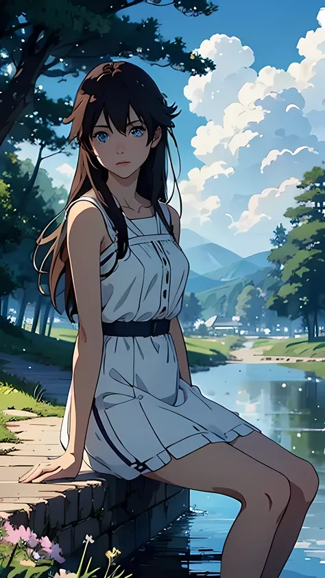 an extremely delicate and beautiful girl, detailed face depiction, long brown hair, blue eyes, white dress, sitting, trees, no humans, clear blue sky, cloud, outdoors, reflection, sky, building, water, daylight, blurry, summer, shadow, scenery, 8k wallpape...