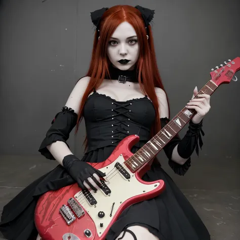 Very gothic red hair anime girl playing electric guitar (more gothic)