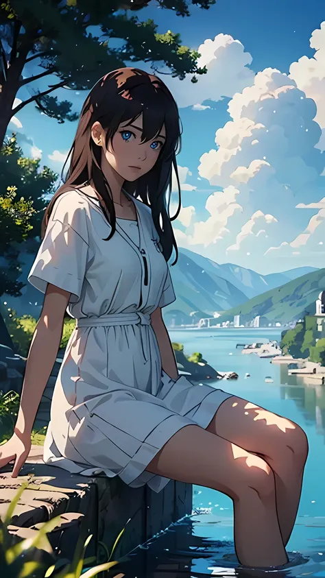 an extremely delicate and beautiful girl, detailed face depiction, long brown hair, blue eyes, white dress, sitting, trees, no humans, clear blue sky, cloud, outdoors, reflection, sky, building, water, daylight, blurry, summer, shadow, scenery, 8k wallpape...