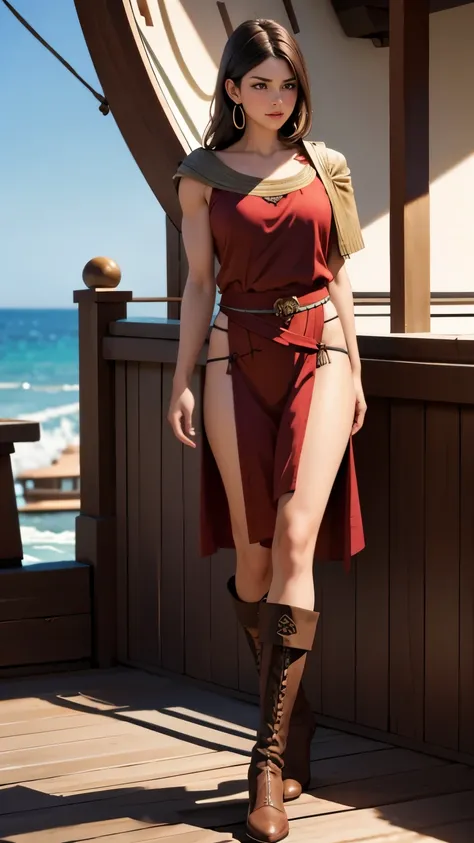 adult women, Very muscular, brown eyes, shoulder length brown hair, Wearing a tan ancient Greek robe with red details, black high boots, outdoor, Wooden boat deck, 8K, Unreal Engine, Very detailed, dramatic angle,, 