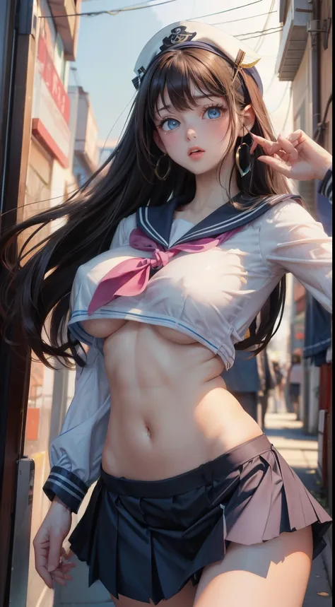 (highest quality), (((masterpiece))), (2 girls), black hair, Blue inner color, (beautiful blue eyes), (perfect eyes), ((neat sailor suit)), classroom, ((huge breasts)), ((A clean navy blue skirt)), mini skirt, (Neat sailor ribbon), ((perfect fingers)), (pe...