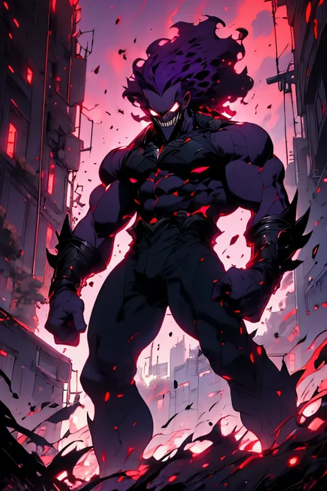   a villain with a built, lean physique, and average height. The color scheme should focus on midnight purple, wine red, and black. The character should be depicted creeping over a edge of an building, embodying a sarcastic asshole demeanor. Capture the es...