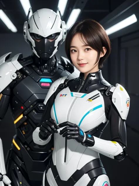 207 Short Hair, 20 year old female, Floral, gentle smile, futuristic clothes, mechanical suit