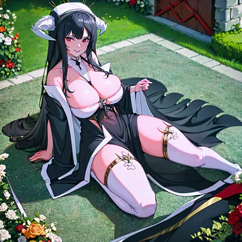 A woman with long black hair, burgundy eyes, wearing a sex nun costume, black veil, white horns, long white stockings, big breasts, smiling, outside a large castle, concrete floor,HDR, ultra resolution, well defined, masterpiece, 8K HD. (solo woman)
