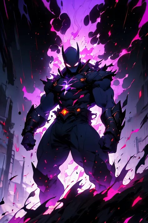 an anti-hero character with a predominantly black color scheme, accented with purple. Emphasize a roguish body style that reflects agility and cunning. The character should exude an independent personality, with a confident stance and a mysterious aura. Ca...