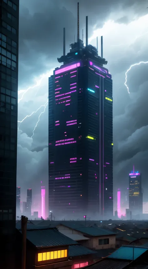 city of the future　cyberpunked　Cyber City　cyber neon slums　God of Destruction　A glamorous goddess descends　storm　Realistic Rain