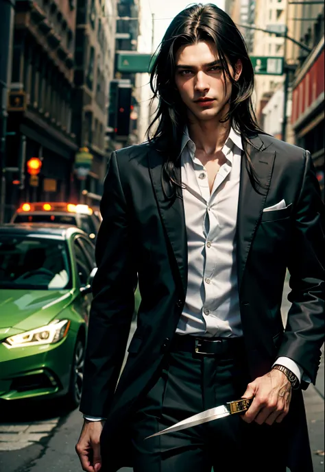 Man with long black hair, green eyes and wearing a suit, holding a knife, handsome, man, boy