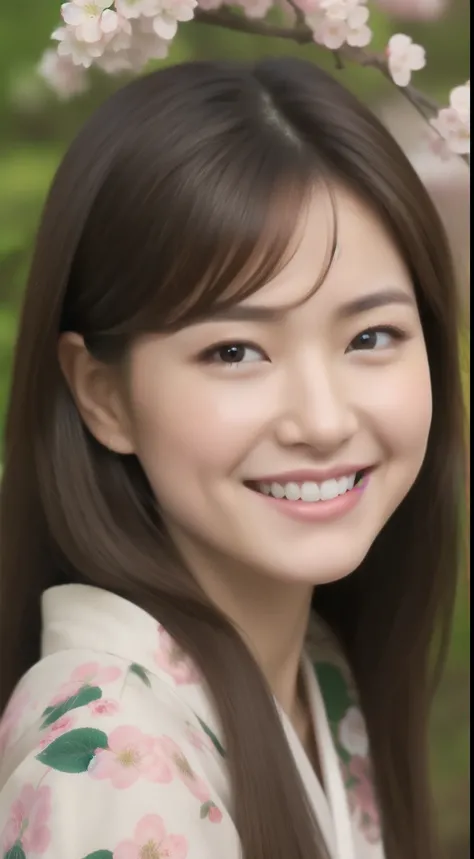 charming face of hostess、Floral Japan kimono、hiquality、A hyper-realistic、healthy、Smiling expression、Slender perfect figure、Japan Beauties、 perfect eyes beautiful skin、The upper part of the body、cherry blossom