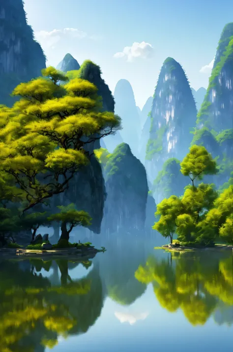 masterpiece, best quality, extremely beautiful reflection, best reflection. (Very detailed CG 8k wallpaper), (best quality), (Best Illustration), (best shadow), Guilin scenery pictures, Realistic morning.