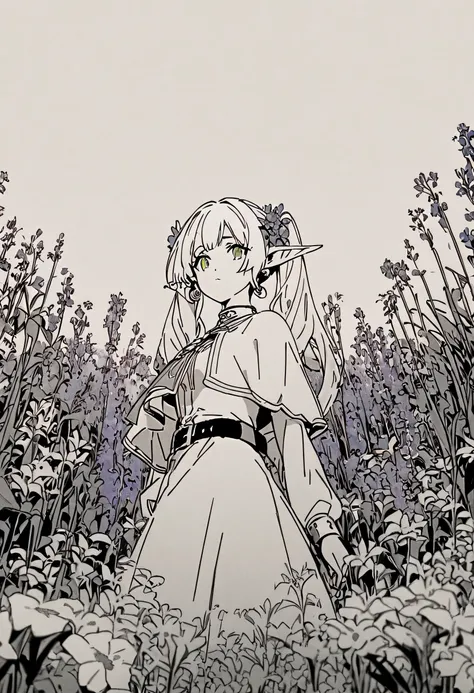 masterpiece, best quality, very aesthetic, absurdres, 
Anime line art, monochrome, 
Frieren frolicking in a field of Delphinium flowers, 1 girl, elf, flower hair ornaments, alone, sharp_ear, twin tails, green_eye, length_hair, jewelry, white_hair, white ca...