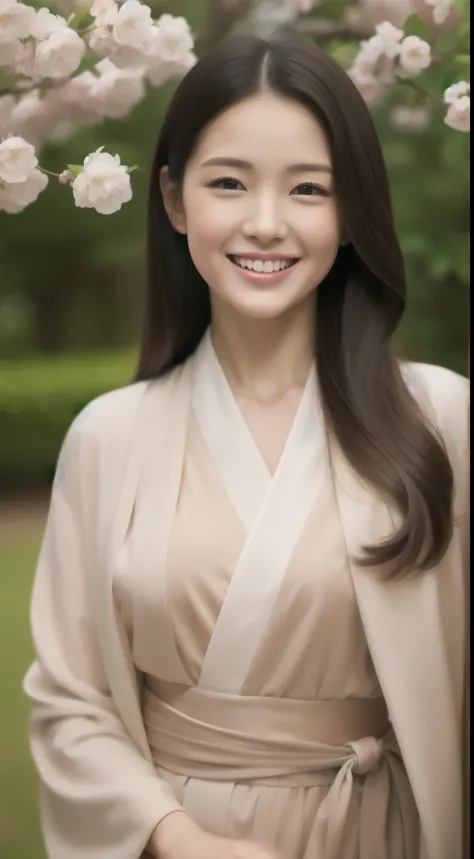 charming face of hostess、Floral Japan kimono、hiquality、A hyper-realistic、healthy、Smiling expression、Slender perfect figure、Japan Beauties、 perfect eyes beautiful skin、The upper part of the body、cherry blossom