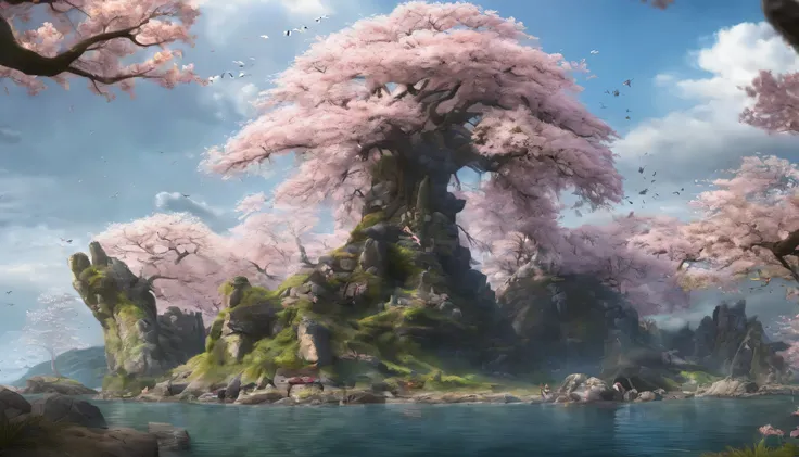 An island formed by giant cherry blossoms，wonderful，majestic，There are ruins of artificial cherry blossoms on the island，Island ruins，distant archipelago background，A tree tall enough to look up at