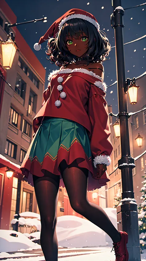 dark skin girl, curly hair, green eyes glowing, red christmas cap, christmas off-shoulder sweater, red and green skirt, black pantyhose