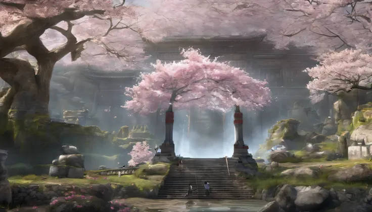 An island formed by giant cherry blossoms，wonderful，majestic，There are ruins of artificial cherry blossoms on the island，Island ruins，cherry blossom background，Huge ruins hidden by cherry blossoms