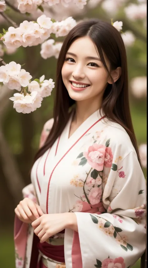 charming face of hostess、Floral Japan kimono、hiquality、A hyper-realistic、healthy、Smiling expression、Slender perfect figure、Japan Beauties、 perfect eyes beautiful skin、The upper part of the body、cherry blossom