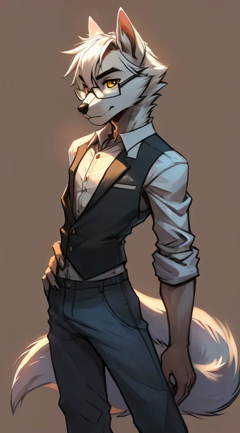 Male, arctic wolf, detailed yellow eyes, long tail, bartender, loose baggy jeans, slim, sly, simple background, glasses