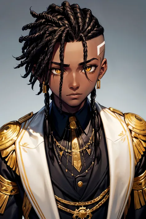 Teenage male with dark skin, dreadlocks, very, very short hair, who wears a black suit and white shirt, and adds gold accessories. Make him very young like a little one and with yellow eyes. Make the hair shorter but with dreadlocks on the top of the head ...