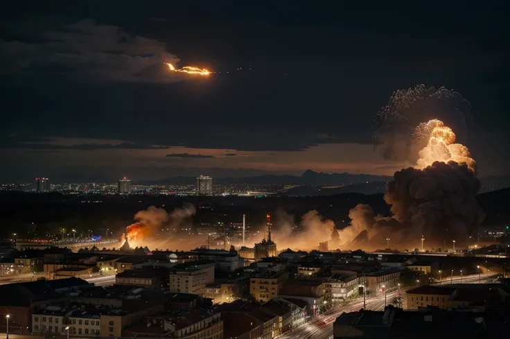 demonstration many Latin American people raising an arm in a city, red flags, Soviet flags, lots of fire and smoke, burned city, night, 4k, Ultra detailed image, realistic, Highly detailed, perfect composition, splendid, Intricately detailed, Incredibly de...