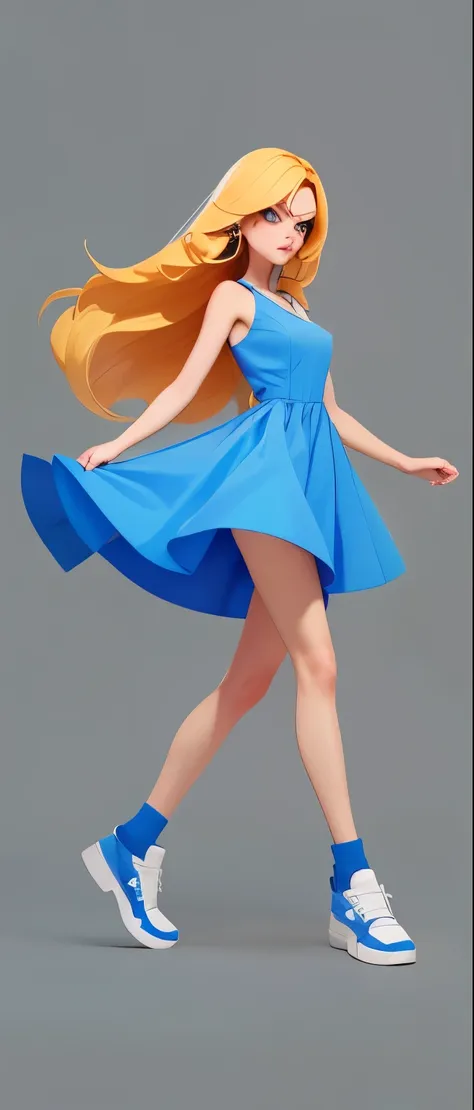 close up of woman in blue dress and sneakers,angry expression，swing your arms，