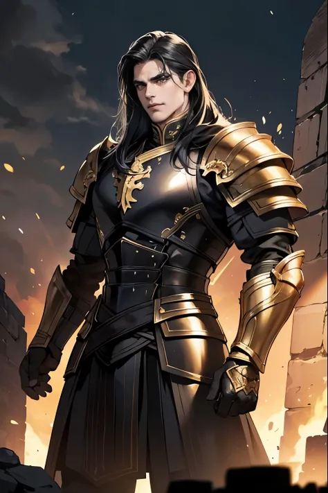 Middle aged man, Eyes looking to camera, Perfect male body, epic character, (handsome, Tall and strong, muscular,long black hair, black and gold heavy armor,stand in village),dramatic shadow, Ray Tracing, fullshot, (masterpiece, high resolution, perfect ey...