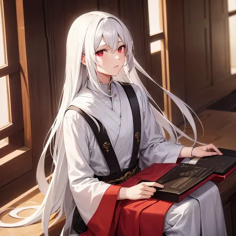 ((best quality)), ((masterpiece)), (detailed), perfect face, male human, white hair, red eyes, martial world, young master