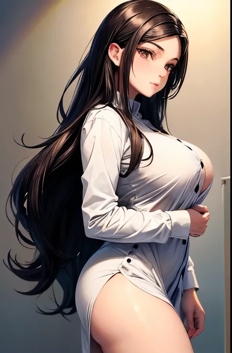 (best quality, masterpiece:1.2), Sketch full view of a hot looking fair skin 29 year old woman standing in front of us. She has brown eyes and long straight black hair. She has big breasts, large breasts. She has a nice curvy physique. She is wearing a sol...