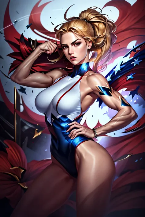 (best quality,4k,8k,highres,masterpiece:1.2),ultra-detailed,(realistic,photorealistic,photo-realistic:1.37), HDR, professional, extreme detail description, vivid colors, bokeh, blondie warrior, american flag skimpy bikini, theofficalpit art style, fierce g...