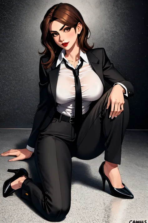 La mujer, chaqueta negra, corbata negra, black tie, camisa, shirt, pantalon negro, tacones, hig heels, las vegas al fondo, muy detallado, Realistic long-term photography, 4k, pelo largo, brown hair, By the chestnut, labios rojos, sexy,red lips, brown eyes,...