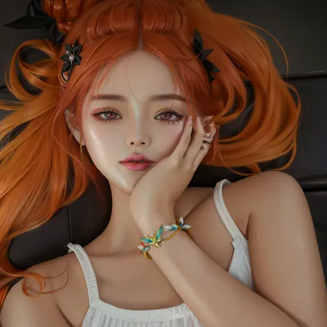 hay una mujer pelirroja acostada con las manos en la cara, retrato suave 8 k, muchacha coreana, obra de arte al estilo de guweiz, artista coreano, piel brillante, retrato de jossi de blackpink, anime hiperrealista, tendencia en cgstation, Fotorrealista!!!!...