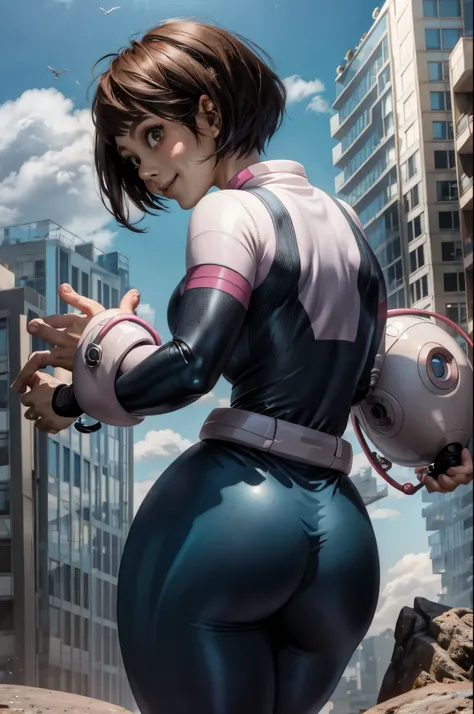 masterpiece, best quality, highres, hmochako, blush stickers, short hair, (((pixie cut 1.6))), huge breasts, superhero, bodysuit, boots, sky, building, mid air,  hand on hip, wide hips, thick thighs ((curvy)), latex suit, sexy, smile, sensual, (((mature fe...