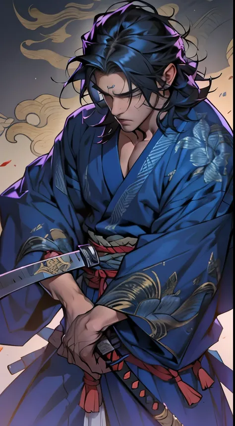 Samurai man with dark hair. Neck length hair, shaggy, with a calm and determined expression on his face, dark blue kimono, katana at side, moody, handsome, 32k, best quality, masterpiece, super detail, high details. Close up