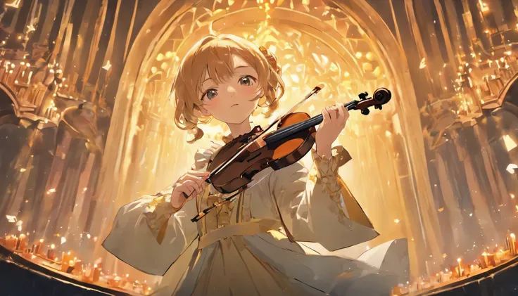 "Imagine the capacity of a Disney movie.。I play the Garoto Tokand violin.。. The image shows a boy in a magical environment., com um fundo encantador e cheio de cores believes. The boy is in the center of the image, Hold the violin skillfully、Her face expre...