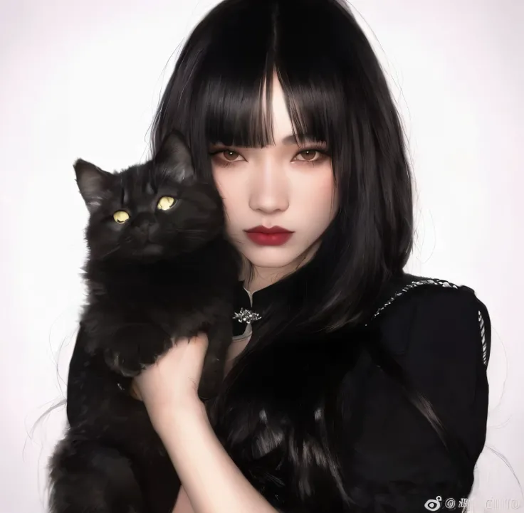 Mujer araffe con pelo largo y negro sosteniendo un gato negro., ella tiene el pelo negro con flequillo, ulzzang, cruel korean gothic girl, Chica emo y su gato, portrait of a gothic catgirl, sui ishida con cabello negro, pelo negro orejas de gato negro, gat...