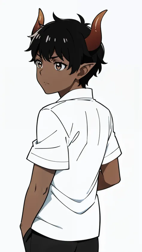 (1boy,8 years old,solo),((dark skin)),((white casual shirt,short sleeves,black shorts)),Short hair,black hair,elf ears,(horns),(white background,line drawing),(((from back))),(((looking front)))