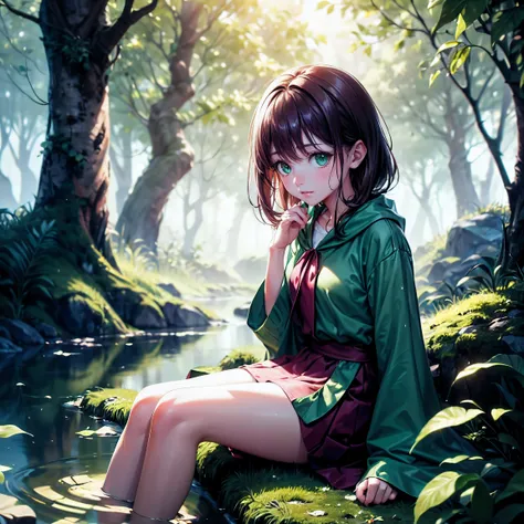 (masterpiece,best quality,ultra-detailed), CG, award winning, ccurate, UHD, textured skin, chromatic aberration, perfect anatomy, Fujicolor, fantasy, 1 young fairy sitting aside stream in the forest at morning, teen, small breasts, dark brown hair, emerald...