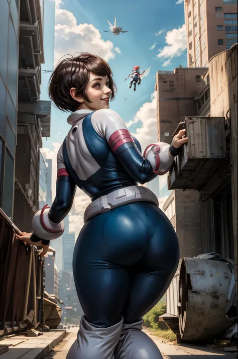 masterpiece, best quality, highres, hmochako, blush stickers, short hair, (((pixie cut 1.6))), huge breasts, superhero, bodysuit, boots, sky, building, mid air,  hand on hip, wide hips, thick thighs ((curvy)), latex suit, sexy, smile, sensual, (((mature fe...