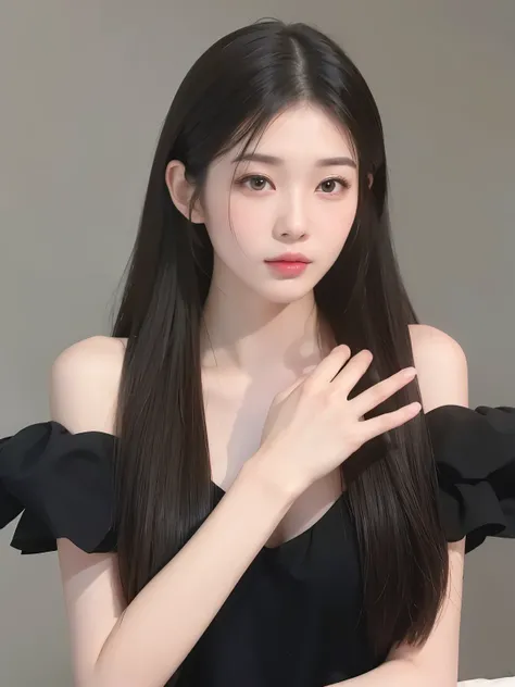 A girl taking pictures,facing the camera,black long straight hair,Long straight hair hairstyle,,long flowing hair,Photorealism,masterpiece,best quality,high quality,fine details,clear focus,4 k,1girl, 1 girl,美丽的Face, Face, Divine goddess, ultra high resolu...