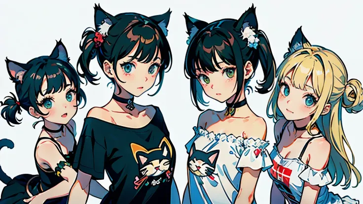 (highest quality, masterpiece, High resolution)、(anime art)、,cinematic light、soft light、two girls、(several girls)、black hair、Tabby cat costume、(Striped cat costume)、Persian Cat Costume、3-color cat costume、(loose t-shirt)、loose shirt、off shoulder、sexy mini ...